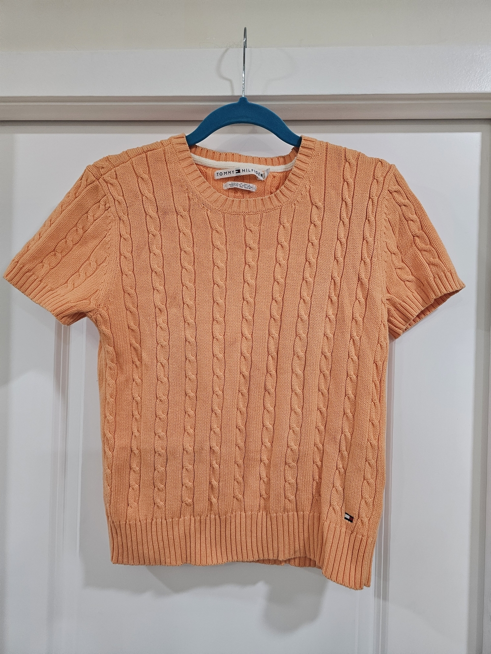 Vintage Y2K Tommy Hilfiger Women S Orange Short Sleeve Cable Knit Cotton Sweater